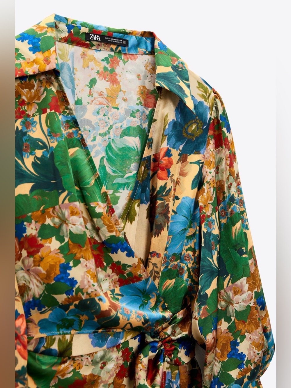 Zara Green Multi Floral Satin Wrap Dress - Picture 4 of 7